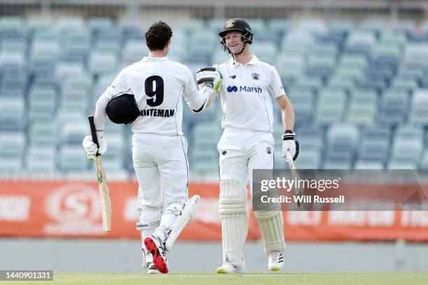 Sam Whiteman of Western Australia celebrates after reaching his century during the Sheffield Shield match between Western Australia and South...