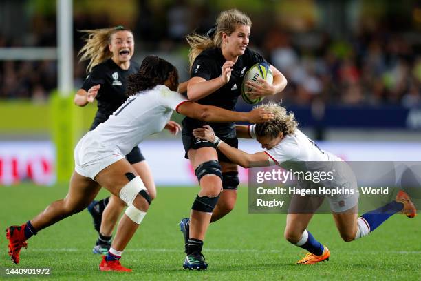 Alana Bremner of New Zealand is tackled during the Rugby World Cup 2021 Final match between New Zealand and England at Eden Park on November 12, 2022...