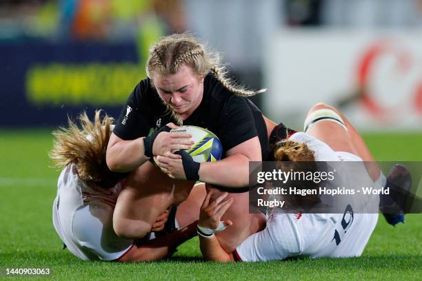 Amy Rule of New Zealand is tackled during the Rugby World Cup 2021 Final match between New Zealand and England at Eden Park on November 12, 2022 in...