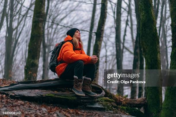 mid age man walks in a foggy autumn forest - bad winter stock pictures, royalty-free photos & images