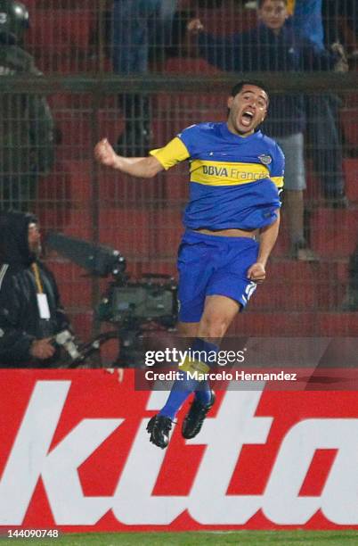 Juan Roman Riquelme from Boca Juniors celebrates a scored goal during a match between Union Espanola and Boca Jrs. As part of the Copa Libertadores...