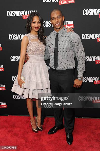 Zoe Saldana and Victor Cruz attends the Cosmopolitan For Latina's Premiere Issue Party at Press Lounge at Ink48 on May 9, 2012 in New York City.