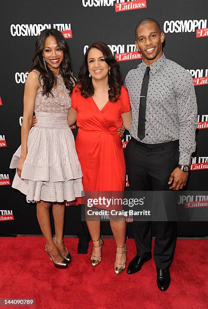 Zoe Saldana, Michelle Herrera Mulligan and Victor Cruz attend the Cosmopolitan For Latina's Premiere Issue Party at Press Lounge at Ink48 on May 9,...