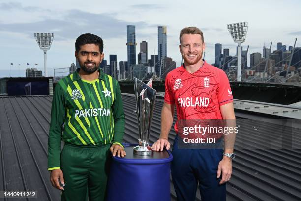 In this handout provided by the International Cricket Council, Babar Azam the captain of Pakistan and Jos Buttler the captain of England pose with...