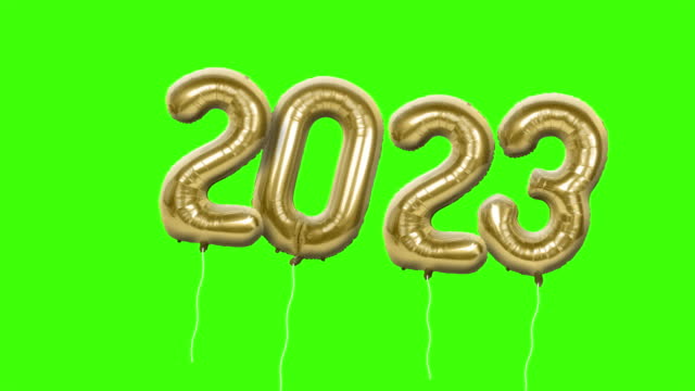New Year 2023 Eve gold foil balloons with green screen. Animated green screen footage. 3D render.