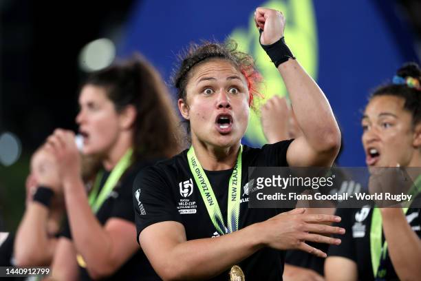 Ruby Tui of New Zealand performs the Haka following the Rugby World Cup 2021 Final match between New Zealand and England at Eden Park on November 12,...
