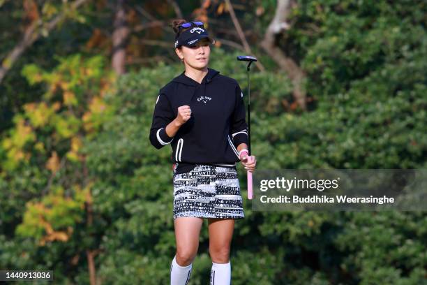 Hikari Fujita of Japan reacts on the 18th green during the play off following the final round of the Yamaguchi Shunan Ladies Cup at Shunan Country...