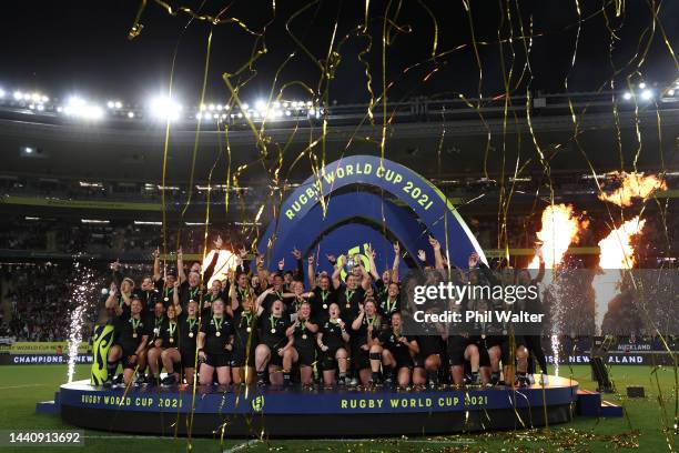 New Zealand players celebrate winning the Rugby World Cup 2021 Final match between New Zealand and England at Eden Park on November 12 in Auckland,...