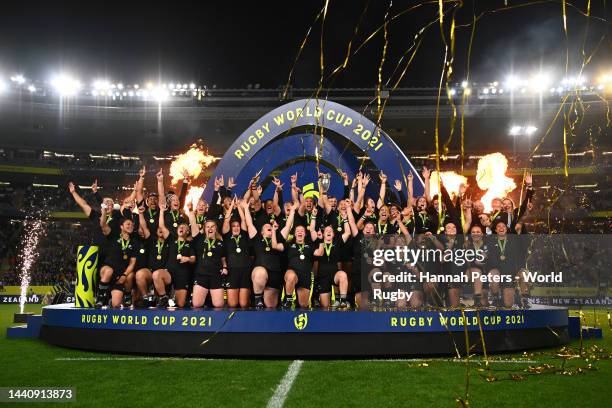 New Zealand celebrate with the Rugby World Cup trophy after winning the Rugby World Cup 2021 Final match between New Zealand and England at Eden Park...
