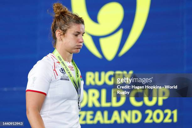 Sarah Hunter of England looks dejected during the medal presentation after finishing runners up following the Rugby World Cup 2021 Final match...