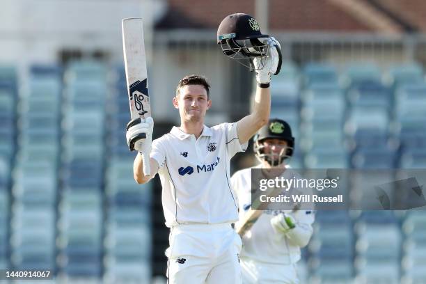 Cameron Bancroft of Western Australia celebrates after reaching his century during the Sheffield Shield match between Western Australia and South...