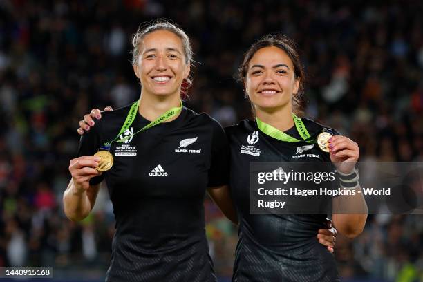 Sarah Hirini and Stacey Fluhler of New Zealand celebrate victory following the Rugby World Cup 2021 Final match between New Zealand and England at...