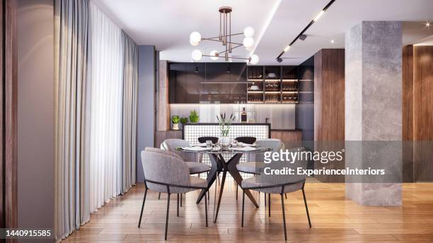 dining set table in modern apartment interior - ceiling lamp stockfoto's en -beelden