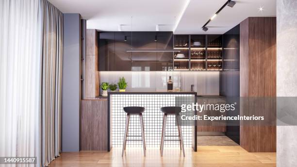 modern apartment kitchen interior - bar wall stock pictures, royalty-free photos & images