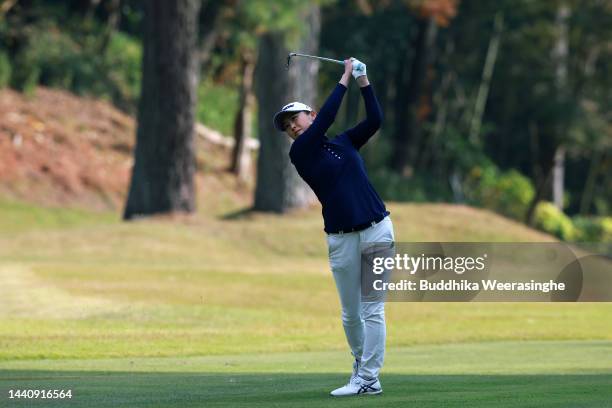 Miyu Shinkai of Japan hits her second shot on the 18th hole during the final round of the Yamaguchi Shunan Ladies Cup at Shunan Country Club on...