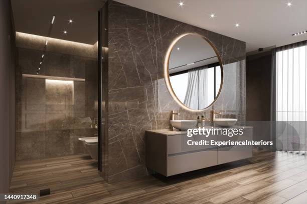 modern minimalist bathroom hotel room interior - parket stockfoto's en -beelden