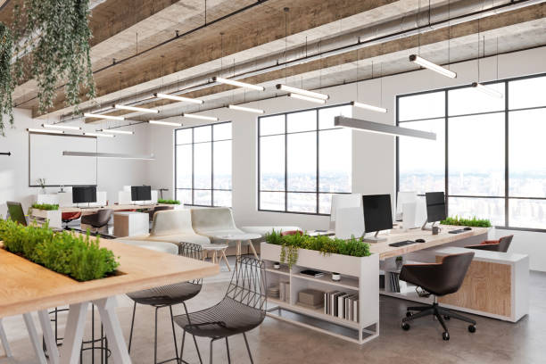 modern open plan office space interior - modern stock pictures, royalty-free photos & images