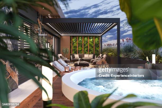 luxury apartment terrace with hot tub hot tub - wide angle house stock pictures, royalty-free photos & images