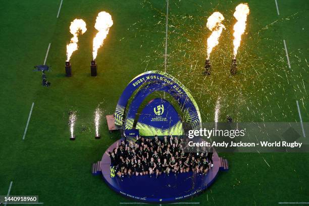 New Zealand celebrate with the Rugby World Cup trophy after winning the Rugby World Cup 2021 Final match between New Zealand and England at Eden Park...
