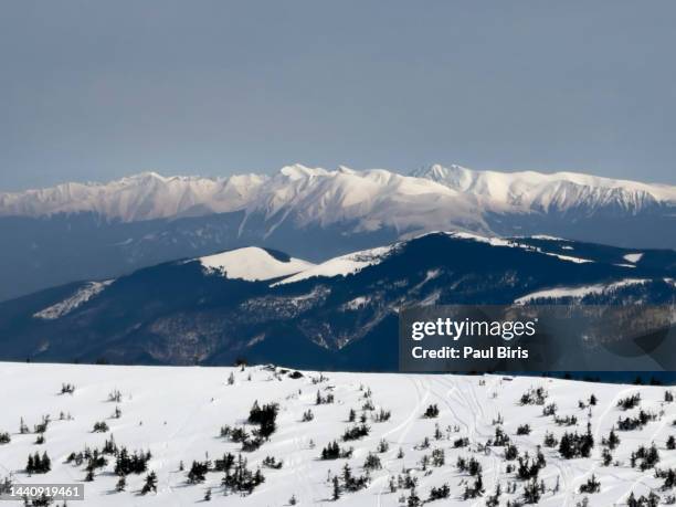 carpathian mountains , the fagaras mountains seen from cindrel mountains, sibiu, transylvania, romania - alps romania stock pictures, royalty-free photos & images