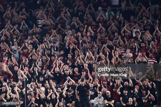 Wanderers fans show support during the round six A-League Men's match between Sydney FC and Western Sydney Wanderers at Allianz Stadium, on November...
