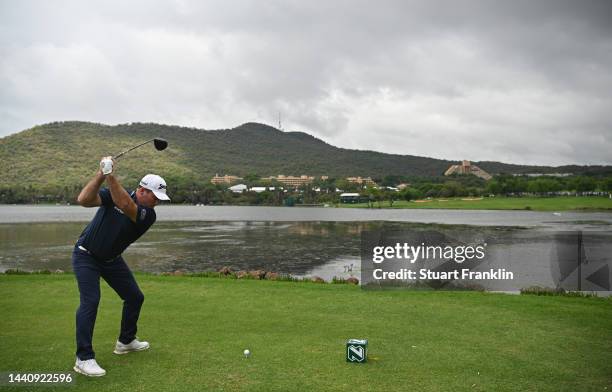 Ryan Fox of New Zealand plays his tee shot on the 17th hole during the weather delayed second round during Day Three of the Nedbank Golf Challenge at...