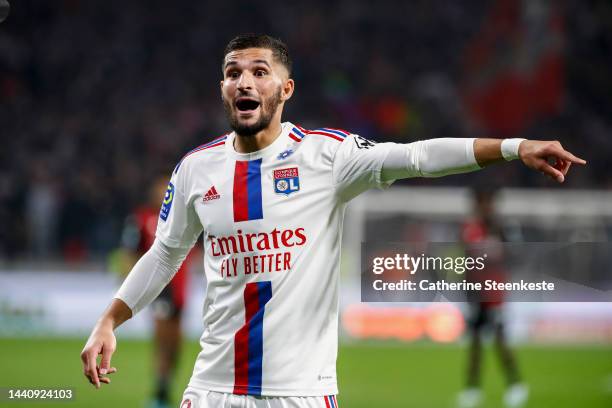 Houssem Aouar of Olympique Lyonnais calls for a play during the Ligue 1 match between Olympique Lyonnais and OGC Nice at Groupama Stadium on November...