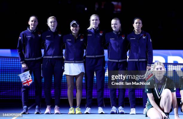 Players of Team Great Britain stand for the national anthem at Emirates Arena on November 12, 2022 in Glasgow, Scotland.