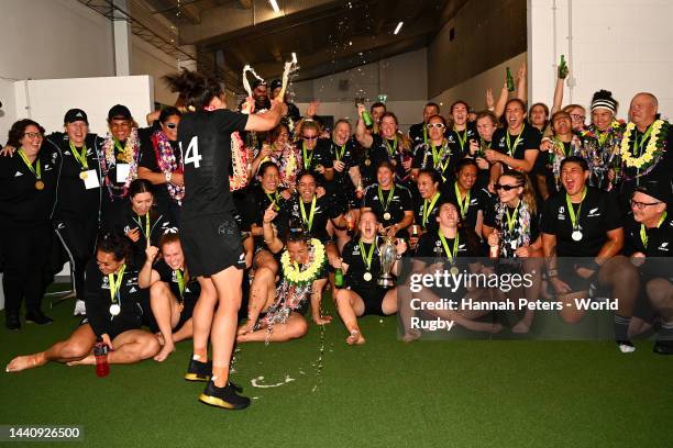 The New Zealand Black Ferns celebrate in the dressing room after winning the Rugby World Cup 2021 Final match between New Zealand and England at Eden...
