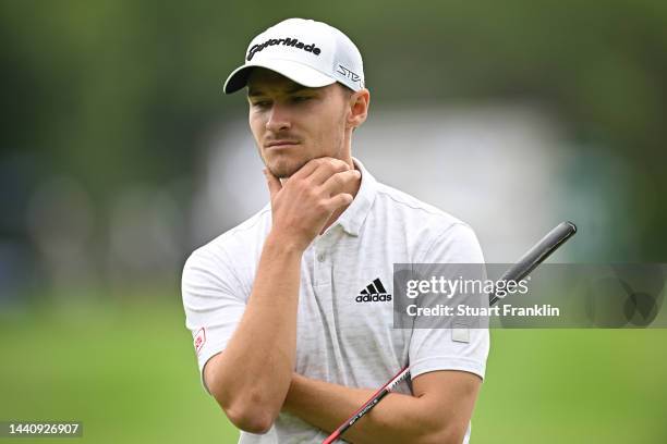 Rasmus Hojgaard of Denmark ponders on the 16th hole during the weather delayed second round during Day Three of the Nedbank Golf Challenge at Gary...