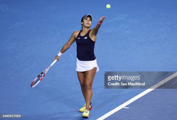 Heather Watson of Team Great Britain serves during the Semi-Final match between Team Australia and Team Great Britain at Emirates Arena on November...
