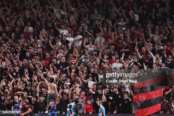 Wanderers fans show support during the round six A-League Men's match between Sydney FC and Western Sydney Wanderers at Allianz Stadium, on November...