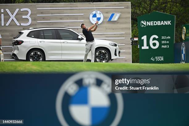 Maximilian Kieffer of Germany plays his tee shoton the 16th hole during the weather delayed second round during Day Three of the Nedbank Golf...