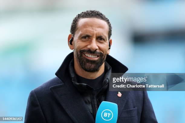 Rio Ferdinand looks on prior to the Premier League match between Manchester City and Brentford FC at Etihad Stadium on November 12, 2022 in...