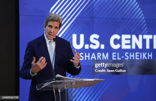 Special Presidential Envoy for Climate John Kerry speaks at the U.S. Center pavilion at the UNFCCC COP27 climate conference on November 12, 2022 in...