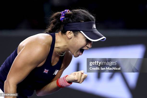 Heather Watson of Team Great Britain celebrates winning a point during the Semi-Final match between Team Australia and Team Great Britain at Emirates...