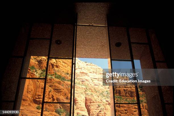 Arizona, Sedona, Chapel Of The Holy Cross Window Showing Cliff.