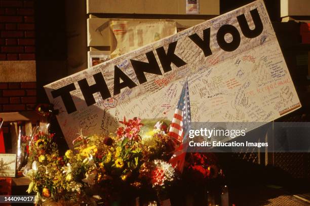 New York City, 9/11/2001, Memorial Thanking Firefighters Following World Trade Center Attack.