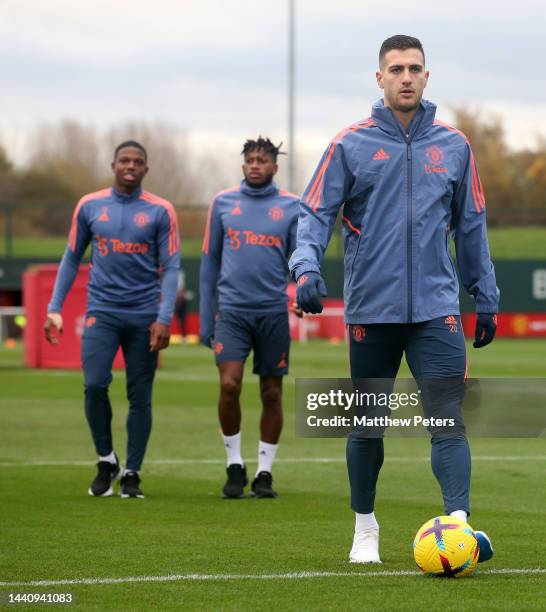 Diogo Dalot of Manchester United in action during a first team training session at Carrington Training Ground on November 11, 2022 in Manchester,...