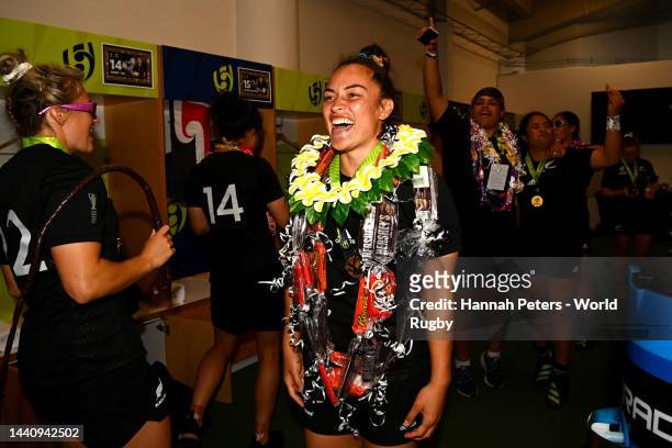Theresa Fitzpatrick of the New Zealand Black Ferns celebrates in the dressing room after winning the Rugby World Cup 2021 Final match between New...
