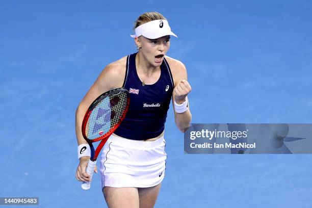 Harriet Dart of Team Great Britain celebrates winning a point during the Semi-Final match between Team Australia and Team Great Britain at Emirates...