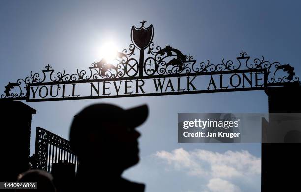 General view outside the stadium of the 'You'll Never Walk Alone' gates outside the stadium prior to the Premier League match between Liverpool FC...