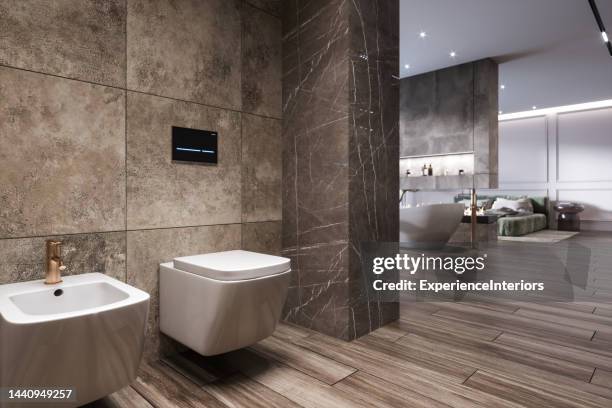 modern minimalist bathroom hotel room interior - bidé bildbanksfoton och bilder