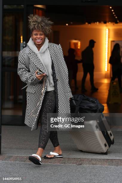 Fleur East leaving a hotel ahead of Strictly Come Dancing 2022 rehearsals on November 12, 2022 in London, England.
