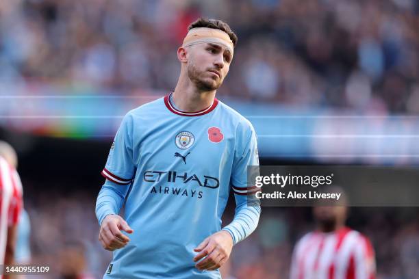 Aymeric Laporte of Manchester City looks on during the Premier League match between Manchester City and Brentford FC at Etihad Stadium on November...