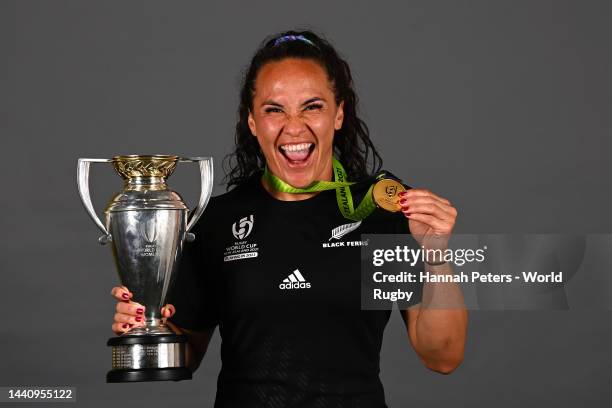 Portia Woodman of the New Zealand Black Ferns poses for a portrait after winning the Rugby World Cup 2021 final match between New Zealand and England...