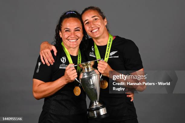 Portia Woodman and Sarah Hirini of the New Zealand Black Ferns pose for a portrait after winning the Rugby World Cup 2021 final match between New...