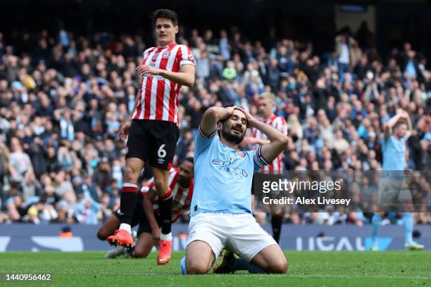 Ilkay Gundogan of Manchester City reacts after a missed chance during the Premier League match between Manchester City and Brentford FC at Etihad...
