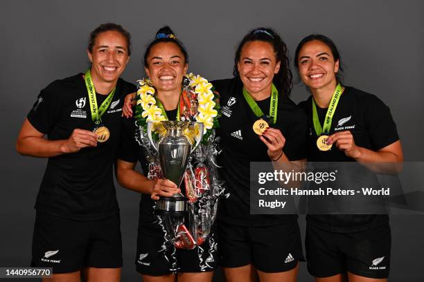 Sarah Hirini, Theresa Fitzpatrick, Portia Woodman and Stacey Fluhler of the New Zealand Black Ferns pose for a portrait after winning the Rugby World...