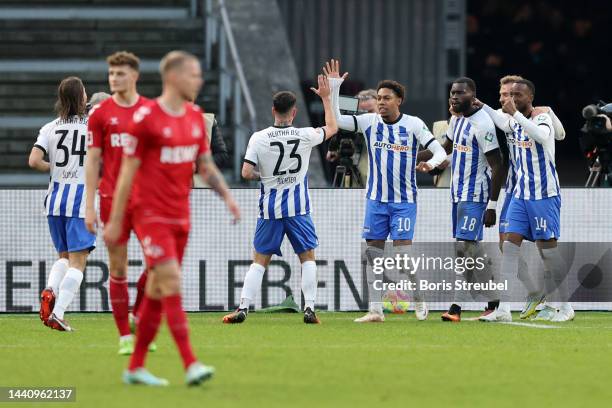 Wilfried Kanga of Hertha BSC celebrates after scoring their first side goal during the Bundesliga match between Hertha BSC and 1. FC Köln at...